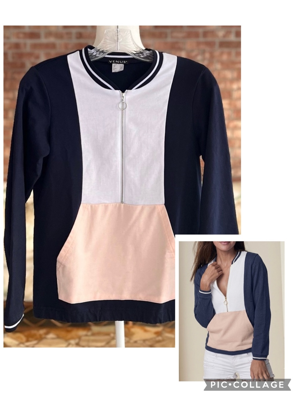 Venus Blue White Colorblock Pullover Half Zip Varsity Terry Cloth Sweatshirt S